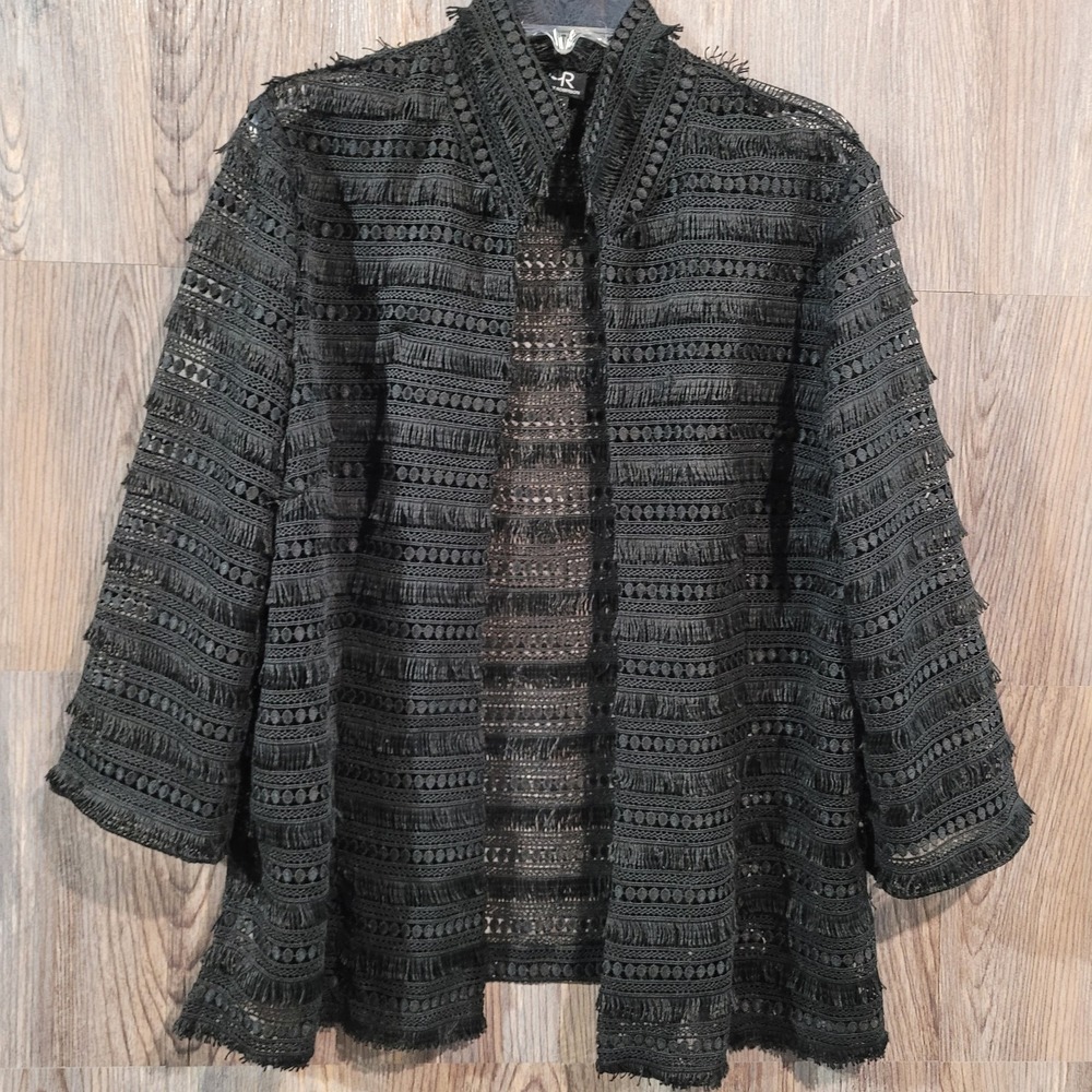 Connie Roberson Open Front Jacket XL Black Crochet Fringe Gothic Western Boho